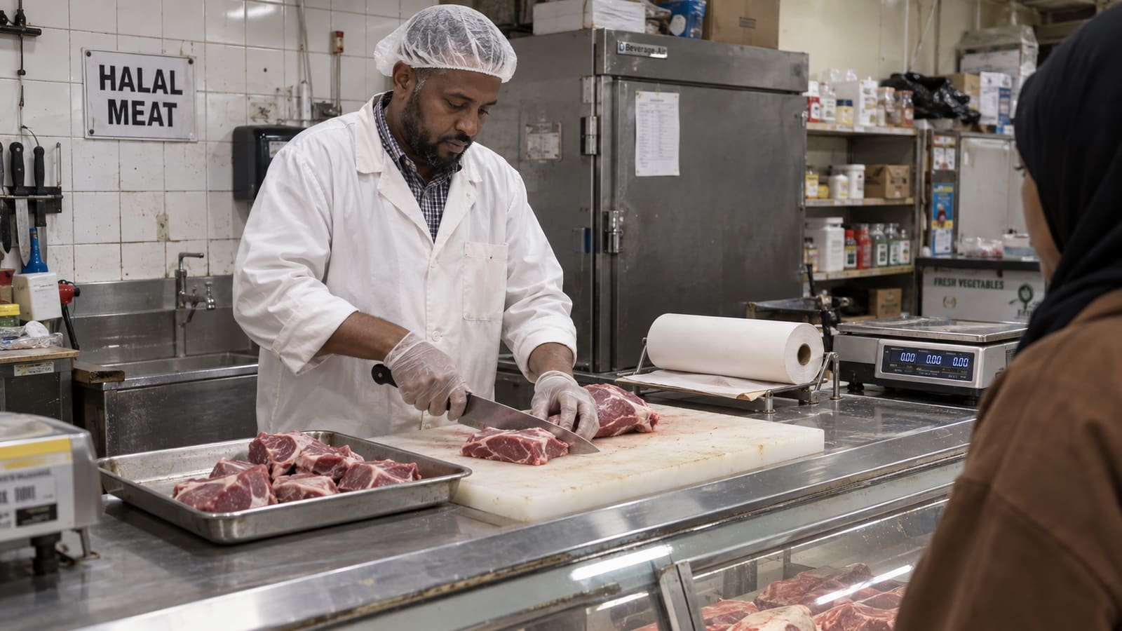 A butcher in whites cutting lamb behind the counter of a halal meat shop