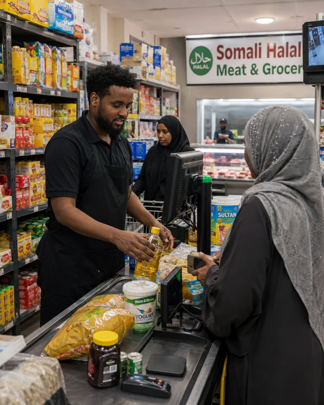 A clerk ringing up a bottle of cooking oil at the till of Barwaaqo Halal Market while a customer waits