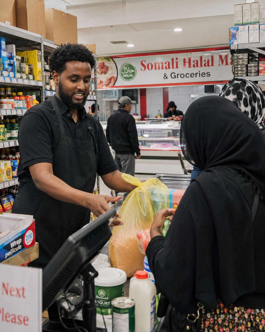 A clerk at a Somali halal market handing a full grocery bag across the counter to a customer in a hijab
