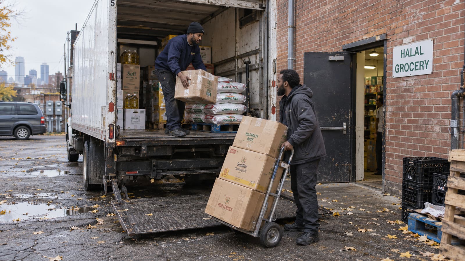 A delivery of rice, oil and lentils being wheeled in through the back door of a halal grocery