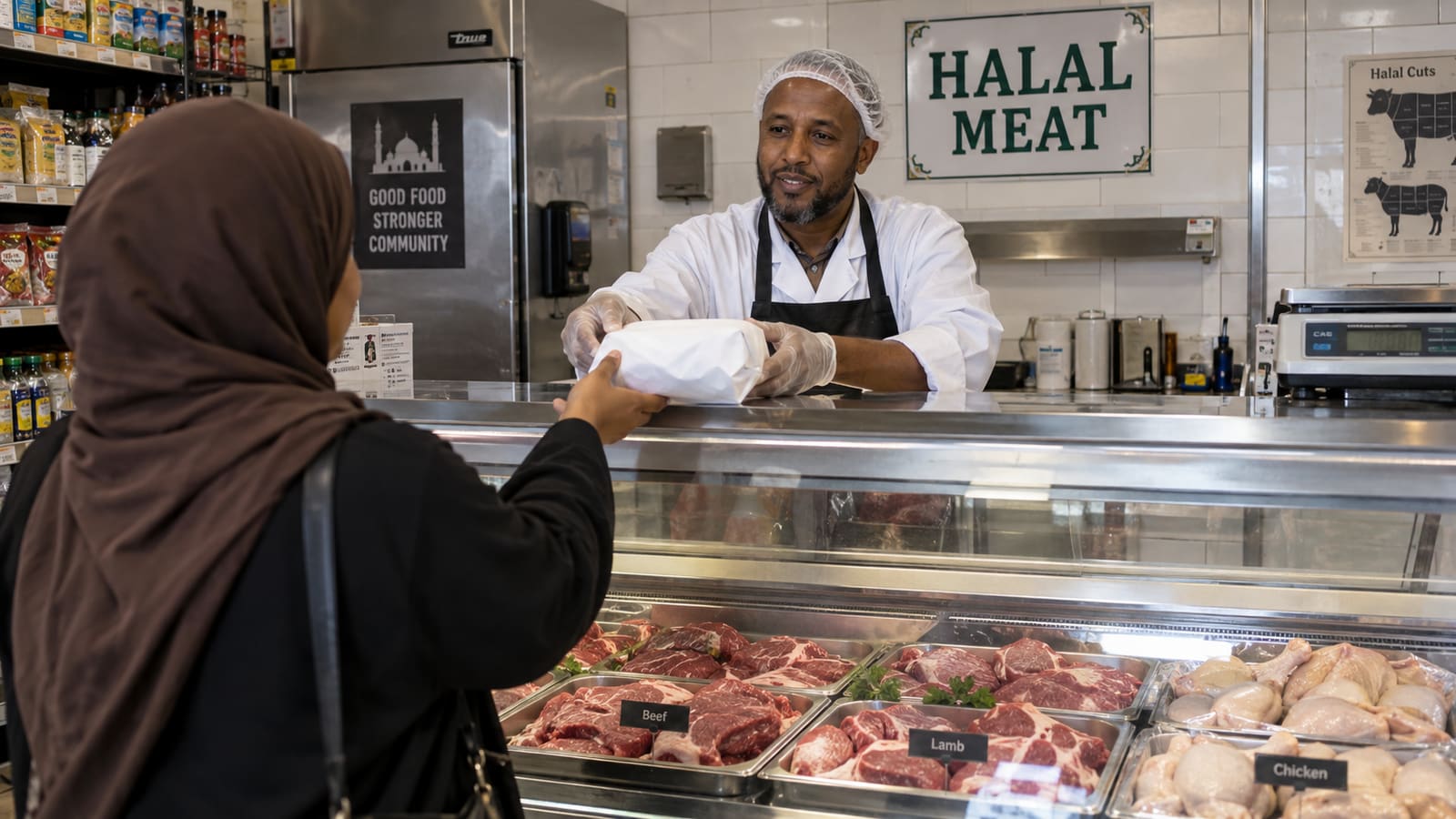 A butcher at the halal meat counter handing a wrapped order across the case to a customer