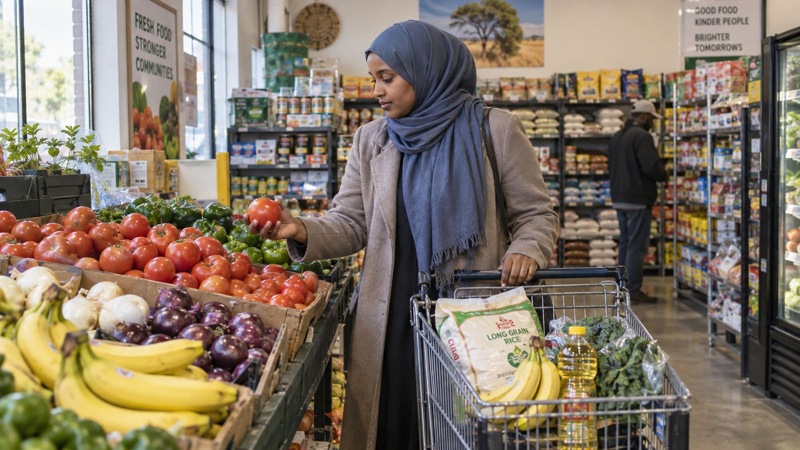 A customer in a blue hijab choosing tomatoes in a halal market, her cart holding rice, oil and kale.