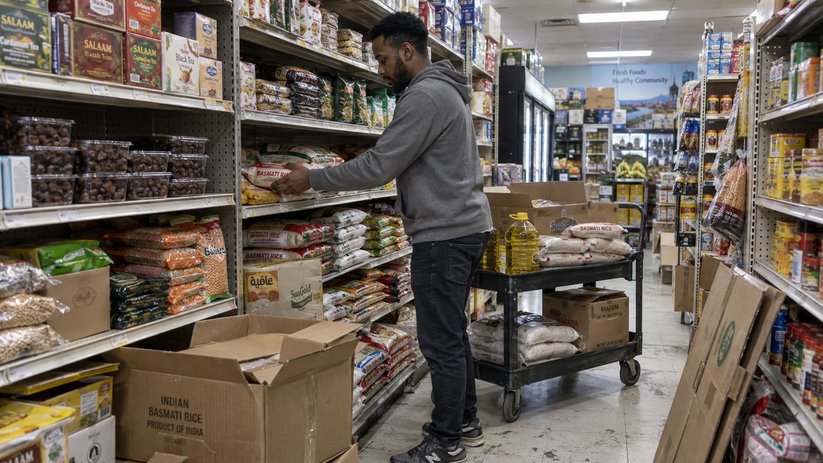 A store worker restocking sacks of basmati rice on the shelves of a halal grocery