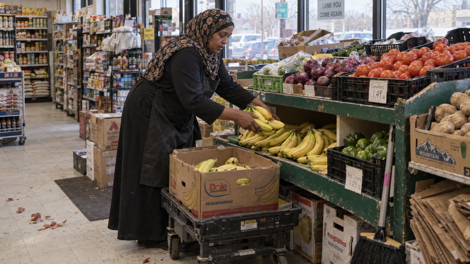 A shopkeeper in a headscarf and apron restocking bananas on the produce stand of a halal market.