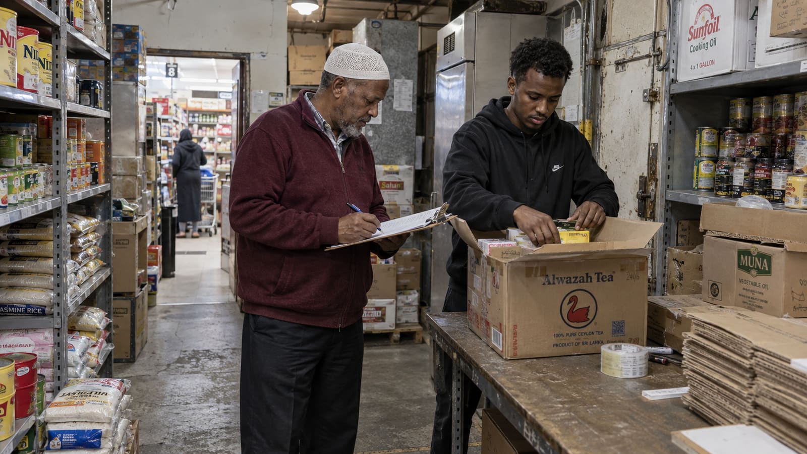 An owner taking stock on a clipboard in the storeroom while a younger colleague unpacks a delivery