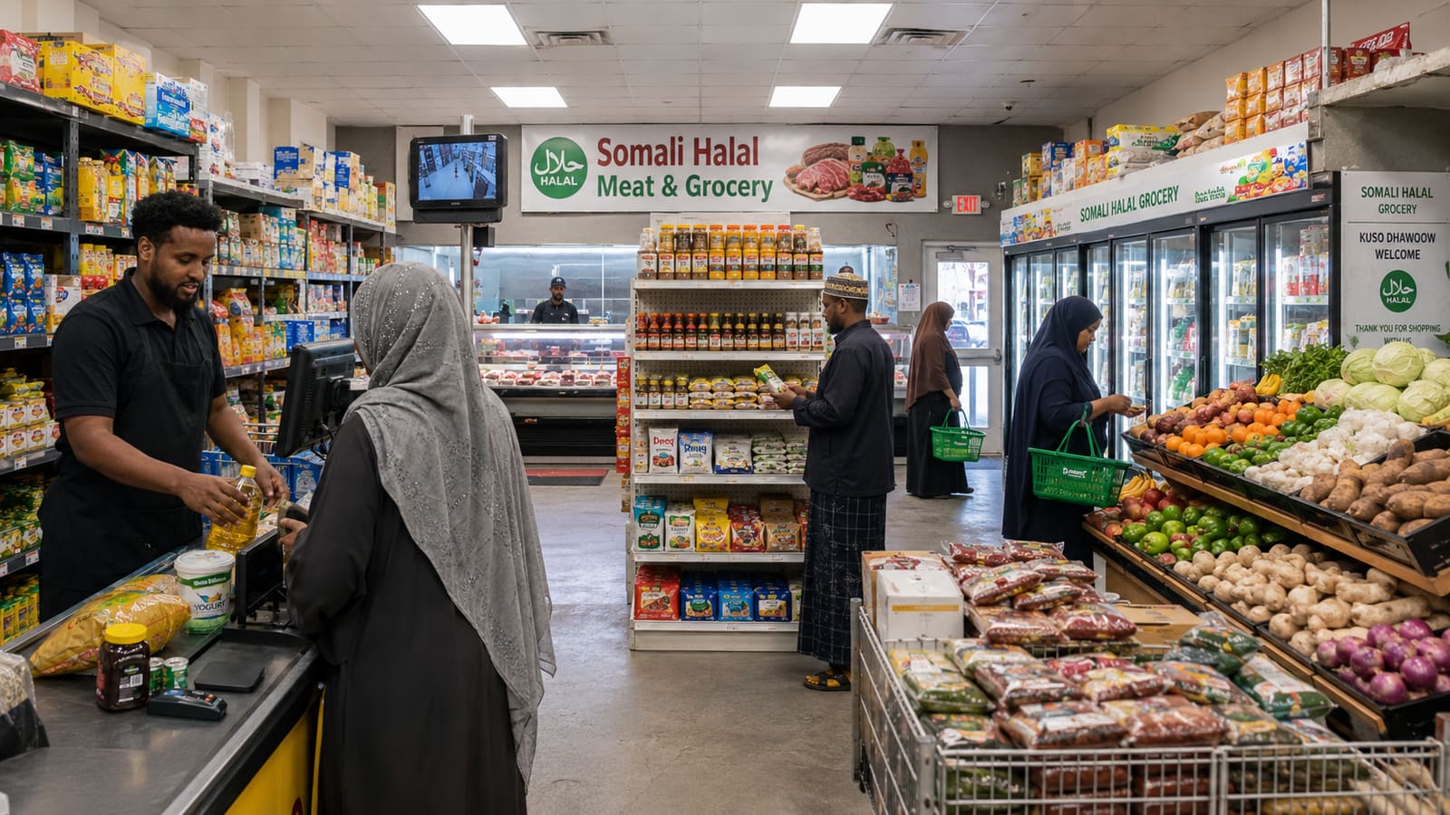 The shop floor of a Somali halal market — aisles of goods, a fresh produce stand, and customers at the till