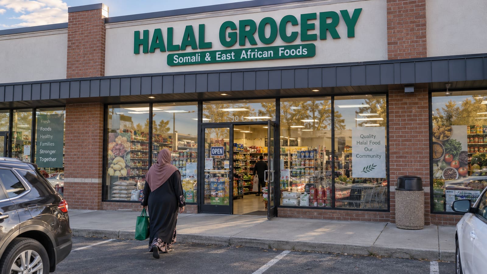 The front of a Somali and East African halal grocery, a customer walking in under the sign