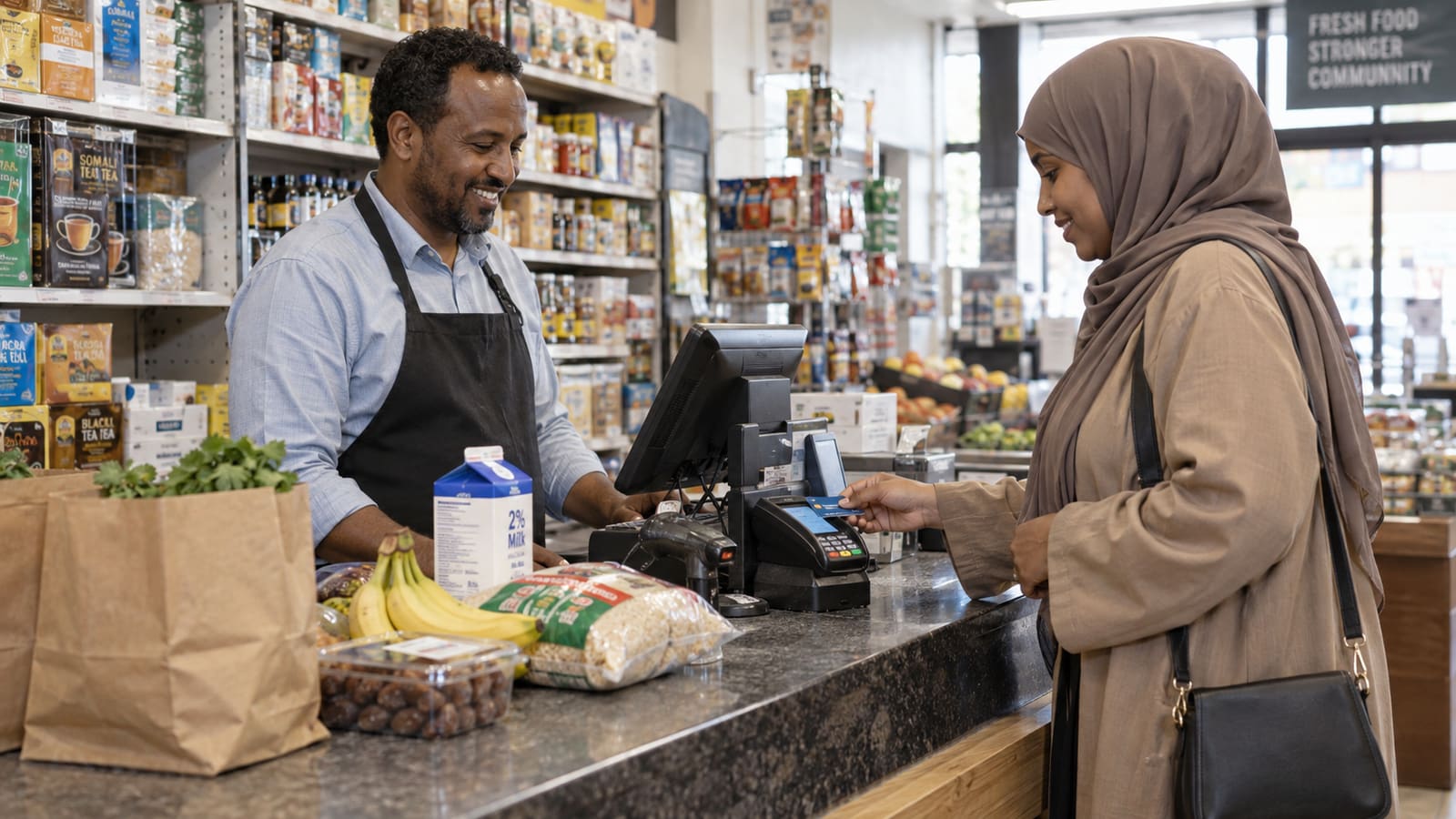 A customer tapping her card at the till while the shopkeeper rings up her groceries